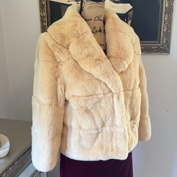 Genuine Rex Rabbit Fur Designer Trilogy cropped jacket coat S M ivory tan cream - Picture 3 of 11